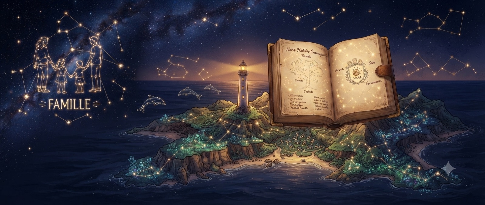 Un ciel étoilé où une constellation dessine une famille, au-dessus d'un livre ouvert « Notre histoire cosmique ».