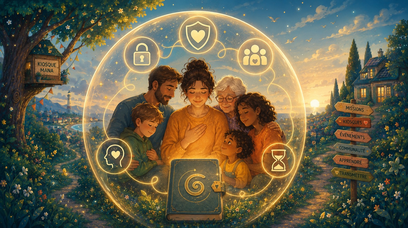 Une famille entourée d'une bulle protectrice, veillée par des symboles : le cadenas (l'attention), le bouclier au cœur (la dignité), la communauté (les proches), l'esprit (la mémoire) et le sablier (le temps partagé).